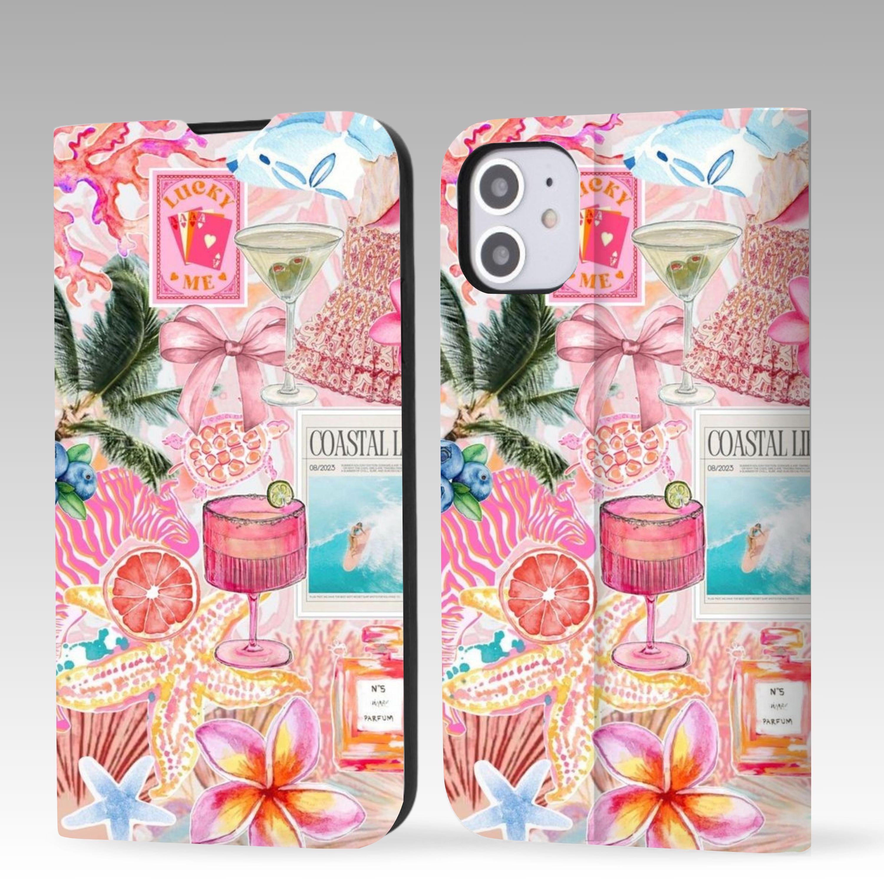 Cute Pink Aesthetic Wallet Flip Phone Case for iPhone 16 Pro Max, iPhone 16 15 14 13 12, iPhone Pro Max, iPhone Pro, iPhone Plus