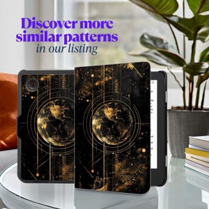 May include: Black tablet case with a gold and black celestial design featuring a globe and geometric lines. The text "Discover more similar patterns in our listing" is displayed in purple. The case is open, revealing the tablet screen.