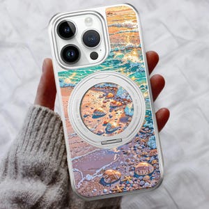 Beachy Vibes 360 Spin Magnetiskt Stativ Läderfodral för iPhone 17 17E 16 15 14, iPhone Pro Max, iPhone Air Plus, MagSafe-kompatibelt