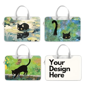 May include: Four laptop bags with white handles and trim. The bags feature different cat-themed illustrations: a black cat in a pond, a cat swimming, a cat walking on a wall, and a bag with the text "Your Design Here".