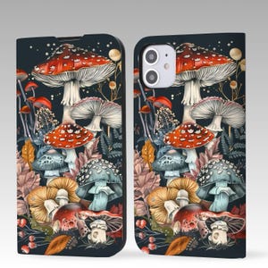 Funda tipo cartera con diseño de hongos botánicos para iPhone 16 Pro Max, iPhone 16, 15, 14, 13 y 12, iPhone Pro Max, iPhone Pro y iPhone Plus