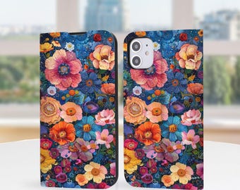 Dark Botanical Floral Wallet Phone Book Case for iPhone 18 Pro Max, iPhone 17 17E 16 16E 15 14, iPhone Air, Protective Cover