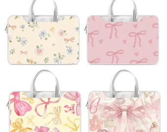 Cute Ribbon Bow Aesthetic Scrapbook Laptop Bag with Handle, Shoulder Strap for 13 14 16 Inch Laptop, MacBook Pro, MacBook Air, Leather Bag