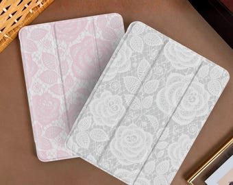 Rose Lace Pattern iPad Case w Pencil Holder, Trifold Stand Cover for iPad Pro 13" 12.9" 11", iPad 11 10, iPad Air, iPad Mini A17 Pro
