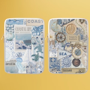 May include: Two blue and white laptop sleeves with a collage of images and text. The left sleeve has the text "COASTAL LIFE" and "SURF'S UP, COV". The right sleeve has the text "JUKE", "Ticket To Anywhere", "SEA", and "POSTCARD".