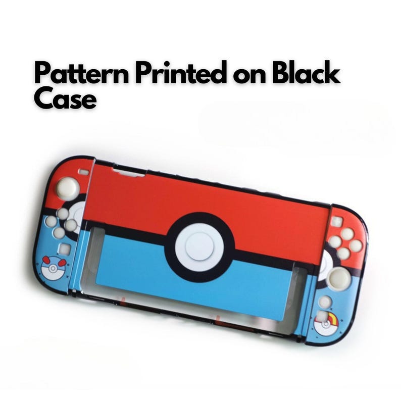 May include: A black case for a handheld gaming device, featuring a red and blue design with a white circle in the center. The case has a pattern printed on it, with the text "Pattern Printed on Black Case" at the top.