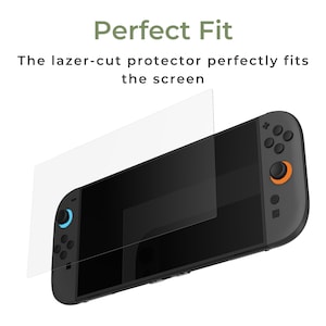 May include: A black handheld gaming console with orange and blue accents, and a clear screen protector. The text "Perfect Fit" and "The lazer-cut protector perfectly fits the screen" are visible.