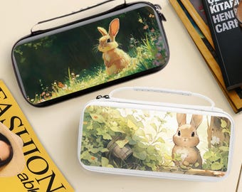 Bunny Rabbit Cartoon Carrying Case for Nintendo Switch/Switch OLED, Protective Travel Pouch with 10 Game Cartridges, Pockets for Accessories