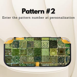 May include: A green and black patterned Nintendo Switch Lite case. The case features a mosaic design with various green tiles, each with a different nature-inspired image. The text "Pattern #2" and instructions are at the top.