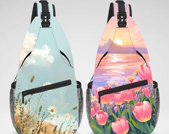 Cute Nature Wildflower Aesthetic Cross Body Sling Bag, Chest Bag, Crossbody Backpack, Travel Bag, Accessories Organizer for iPad Tablet