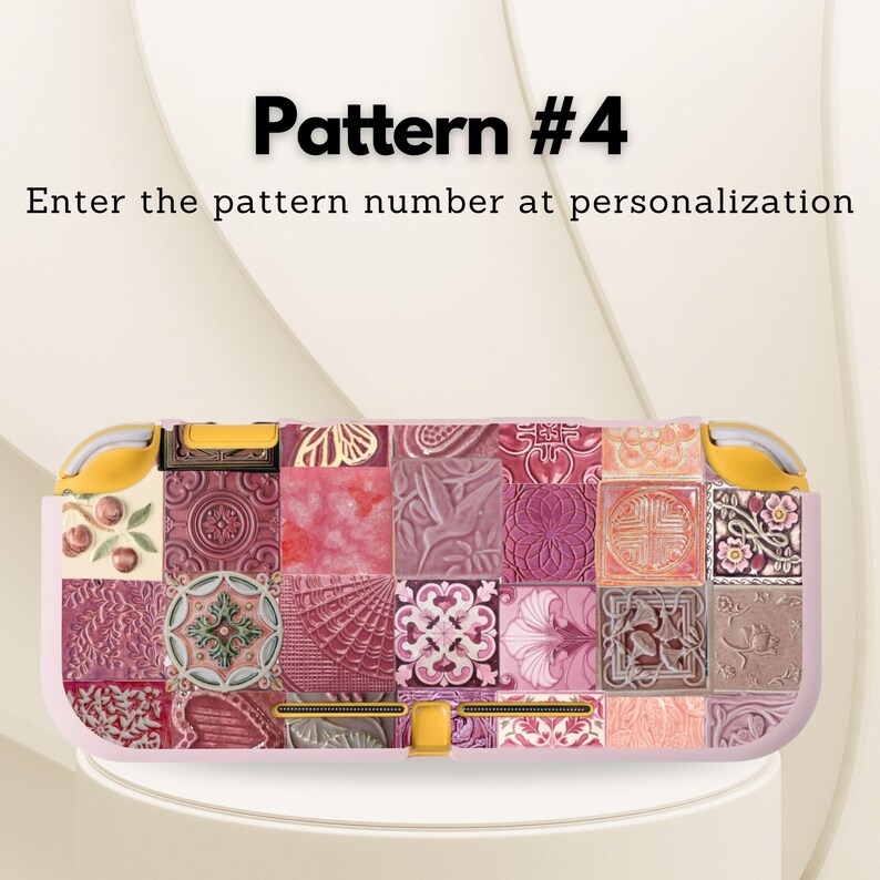 May include: A pink and yellow patterned game console case with a patchwork design. The case features a variety of square tiles in shades of pink, red, and purple, each with a unique embossed pattern. Text on the image reads "Pattern #4" and "Enter the pattern number at personalization."