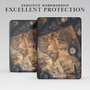 May include: Two phone cases with a vintage world map design. The cases feature a compass, old maps, and the name "Oliver" in script. The text "EXQUISITE WORKMANSHIP" and "EXCELLENT PROTECTION" are displayed at the top.
