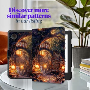 May include: A Kindle e-reader with a colorful case featuring a whimsical illustration of a treehouse library with glowing lanterns and bookshelves. The case is designed to fit the Kindle Paperwhite.