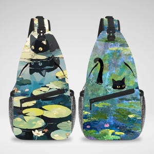 Black Cat Lover Art Aesthetic Cross Body Sling Bag, Chest Bag, Crossbody Backpack, Travel Bag, Accessories Organizer for iPad Tablet