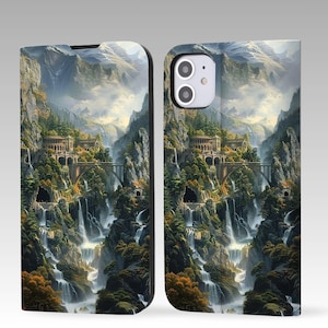 Könnte beinhalten: Eine Handyhülle mit einer Fantasy-Landschaft, die eine in einen Berghang gebaute Stadt mit Wasserfällen zeigt, die die Klippen hinunterstürzen. Die Hülle hat einen schwarzen Rand und einen Kameraausschnitt.