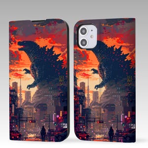 Capa de celular fofa com flip e estética Godzilla Fan Art para iPhone 16 Pro Max, iPhone 16 15 14 13 12, iPhone Pro Max, iPhone Pro, iPhone Plus