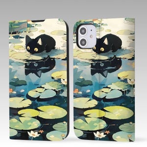 May include: A phone case featuring a black cat on lily pads in a pond. The artwork has a whimsical style with a reflection of the cat in the water. The background includes lily pads, flowers, and a blue water surface.