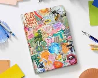 Cute Vibrant Pattern Aesthetic Scrapbook iPad Case for iPad Pro 13 12 11, iPad Air 13&quot;, iPad Air 5 4, iPad 10 9, Collage Cover with Pen Slot