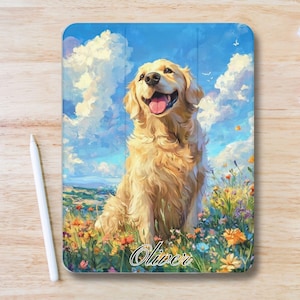 Personalized Floral Dog Aesthetic iPad Case w Pen Slot, Trifold Stand iPad Flip Case for iPad Pro 13 12.9 11, iPad 11, iPad Air, iPad Mini