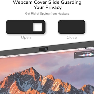 Pu&ograve; includere: Un cursore di copertura per webcam nero che pu&ograve; essere spostato per coprire o scoprire la webcam di un laptop. La copertura &egrave; mostrata in entrambe le posizioni, aperta e chiusa. Il testo "Apri" e "Chiudi" &egrave; mostrato sotto la copertura in ogni posizione. Il testo "Copertura per webcam scorrevole che protegge la tua privacy Elimina lo spionaggio degli hacker" &egrave; mostrato nella parte superiore dell'immagine.