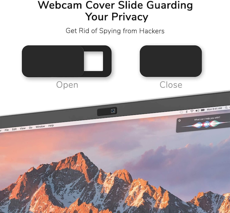 Pu&ograve; includere: Un cursore di copertura per webcam nero che pu&ograve; essere spostato per coprire o scoprire la webcam di un laptop. La copertura &egrave; mostrata in entrambe le posizioni, aperta e chiusa. Il testo "Apri" e "Chiudi" &egrave; mostrato sotto la copertura in ogni posizione. Il testo "Copertura per webcam scorrevole che protegge la tua privacy Elimina lo spionaggio degli hacker" &egrave; mostrato nella parte superiore dell'immagine.
