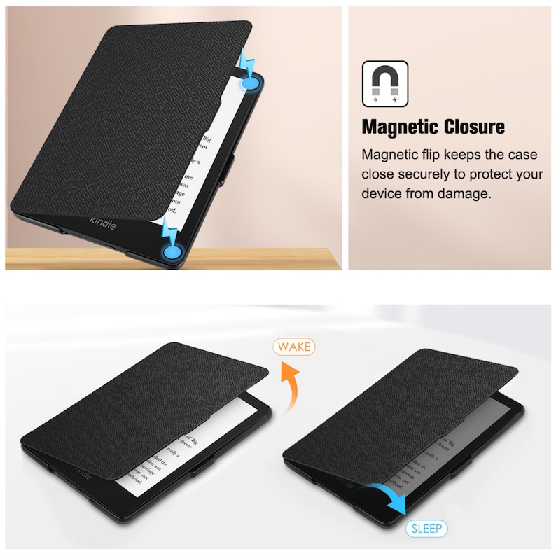 Puede incluir: Funda negra para lector electr&oacute;nico Kindle con cierre magn&eacute;tico. La funda tiene una superficie texturizada y las palabras "WAKE" y "SLEEP" est&aacute;n impresas en la funda.