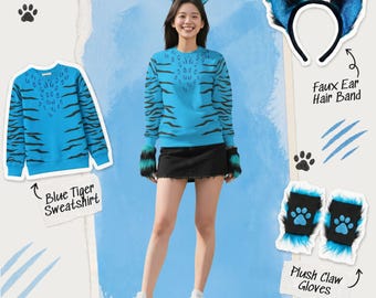 Anime Tiger Stripes Sweatshirt, Blue Tiger Cosplay Outfits with Ear Hair Band, Claw Gloves for Halloween Xmas Theme Party