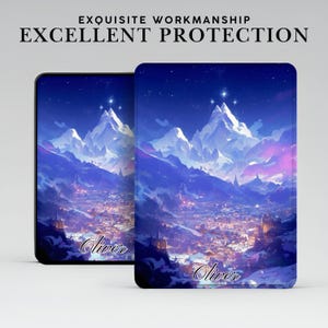 May include: Two phone cases with a winter landscape design. The cases feature a snowy mountain range, a town, and a starry sky. The cases have the name "Oliver" and the text "EXQUISITE WORKMANSHIP EXCELLENT PROTECTION".