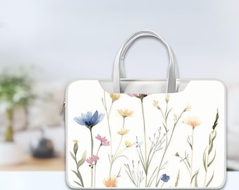 Cute Floral Wildflower Aesthetic Laptop Bag with Handle, Shoulder Strap for 13 14 16 Inch Laptop, MacBook Pro, MacBook Air, Leather Bag