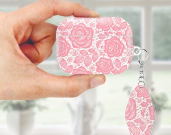 Rose Lace Pattern Case for AirPods, AirPods Pro, Protective Cover bundle with Keychain, Anti Lost Strap