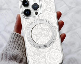 Rose Lace Pattern 360 Spin Magnetic Stand Leather Phone Case for iPhone 17 17E 16 15 14, iPhone Pro Max, iPhone Air Plus, MagSafe Compatible