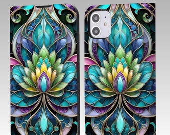 Plånboksfodral med flip-mönster och blommotiv i färgat glas för iPhone 17 16 Pro Max, iPhone 17 16 15 14 13 12, iPhone Pro Max, iPhone Pro, iPhone Plus