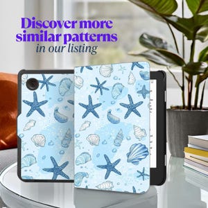 May include: A tablet case with a blue and white seashell and starfish pattern. The case is open, revealing the screen of the tablet. The text "Discover more similar patterns in our listing" is visible.