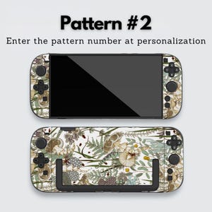 May include: Two game console skins with a white background and a botanical pattern featuring mushrooms, flowers, and ferns. The text "Pattern #2" and "Enter the pattern number at personalization" are displayed at the top.