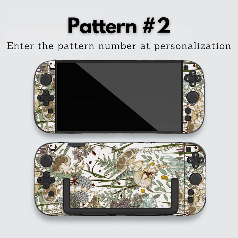 May include: Two game console skins with a white background and a botanical pattern featuring mushrooms, flowers, and ferns. The text "Pattern #2" and "Enter the pattern number at personalization" are displayed at the top.