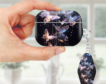Whimsical Night Butterfly Case for AirPods, AirPods Pro, Protective Cover bundle with Keychain, Anti Lost Strap