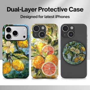 以下が含まれることがあります： カラフルなデザインのiPhoneケース3つ。レモン、オレンジ、花の画像が特徴です。上部のテキストには「Dual-Layer Protective Case」と「Designed for latest iPhones」と書かれています。
