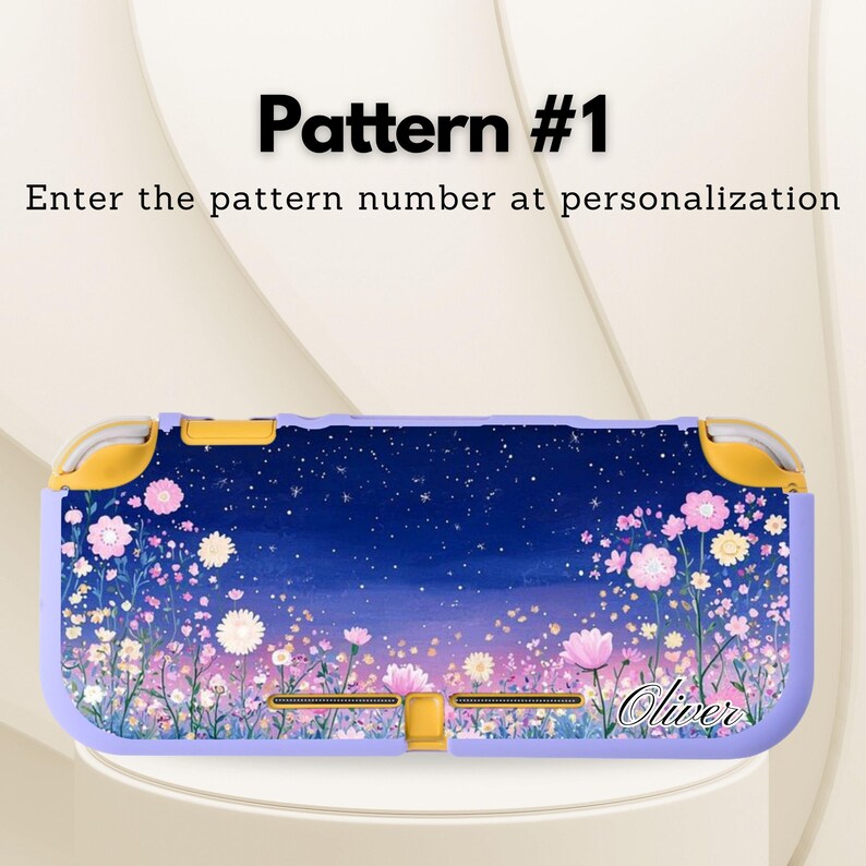 May include: A lavender and gold game console case with a floral design. The case features a starry night sky background with pink and white flowers. The text "Pattern #1" and "Enter the pattern number at personalization" are visible.