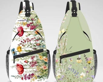 Cute Botanical Wildflower Aesthetic Cross Body Sling Bag, Chest Bag, Crossbody Backpack, Travel Bag, Accessories Organizer for iPad Tablet