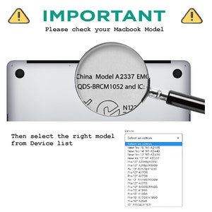 Pu&ograve; includere: Un'immagine ravvicinata di un Macbook argentato con una lente d'ingrandimento sulla parte inferiore del laptop. Il testo "China Model A2337 EMO QDS-BRCM1052 and IC" &egrave; visibile sotto la lente d'ingrandimento. Un menu a tendina con il testo "Select an option" &egrave; visibile sotto l'immagine. Il menu elenca diversi modelli di Macbook.