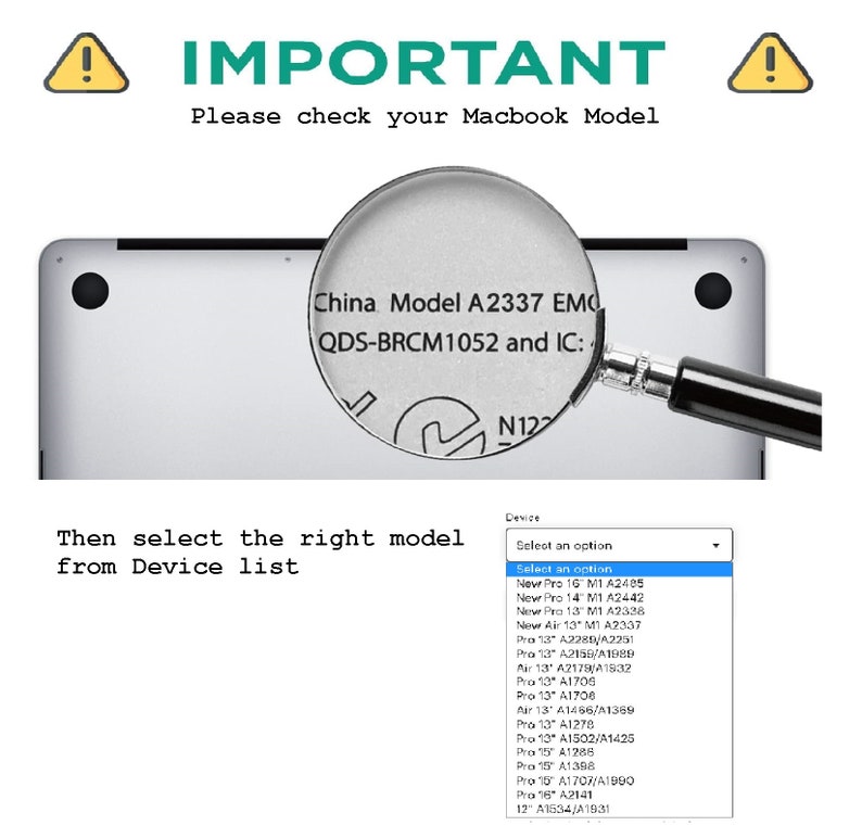 Pu&ograve; includere: Un'immagine ravvicinata di un Macbook argentato con una lente d'ingrandimento sulla parte inferiore del laptop. Il testo "China Model A2337 EMO QDS-BRCM1052 and IC" &egrave; visibile sotto la lente d'ingrandimento. Un menu a tendina con il testo "Select an option" &egrave; visibile sotto l'immagine. Il menu elenca diversi modelli di Macbook.