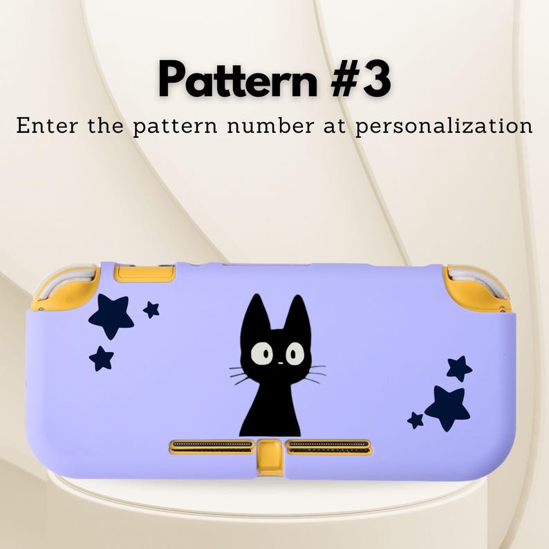 May include: A light purple Switch Lite case featuring a black cat illustration and dark blue star accents. The text "Pattern #3" and "Enter the pattern number at personalization" are displayed on the image. The case has yellow accents.