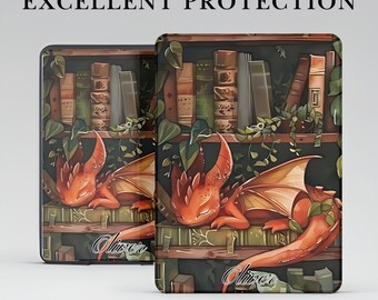 May include: Two rectangular e-reader cases featuring a graphic of an orange dragon sleeping on a bookshelf filled with books and green vines. The text EXQUISITE WORKMANSHIP EXCELLENT PROTECTION appears at the top, and the name Oliver is printed below.