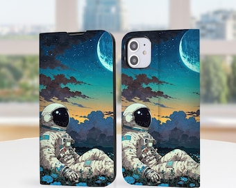 Space Astronaut Wallet Book Phone Case for iPhone 17 16 Pro Max, iPhone 17 17E 16 16E 15 14 13, iPhone Pro Max