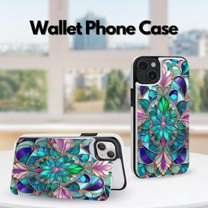 Schattig glas-in-lood bloemen esthetische portemonnee flip iPhone-hoesje voor iPhone 16 15 Pro Max, iPhone 16 16E 15 14 13 12 11, iPhone Pro Max, Pro Plus