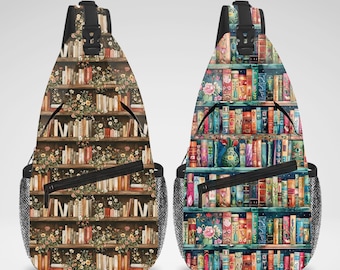 Cute Bookshelf Aesthetic Cross Body Sling Bag, Chest Bag, Crossbody Backpack, Travel Bag, Accessories Organizer for iPad Tablet