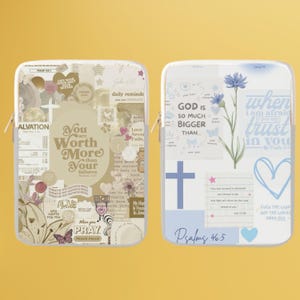 May include: Two laptop sleeves with inspirational quotes and designs. The first sleeve features a collage of images with the quote "You are worth more than your failures." The second sleeve features a blue cross, a flower, and the quote "God is so much bigger than... when I am afraid I trust in you." The quote "Psalms 46:5" is also included.