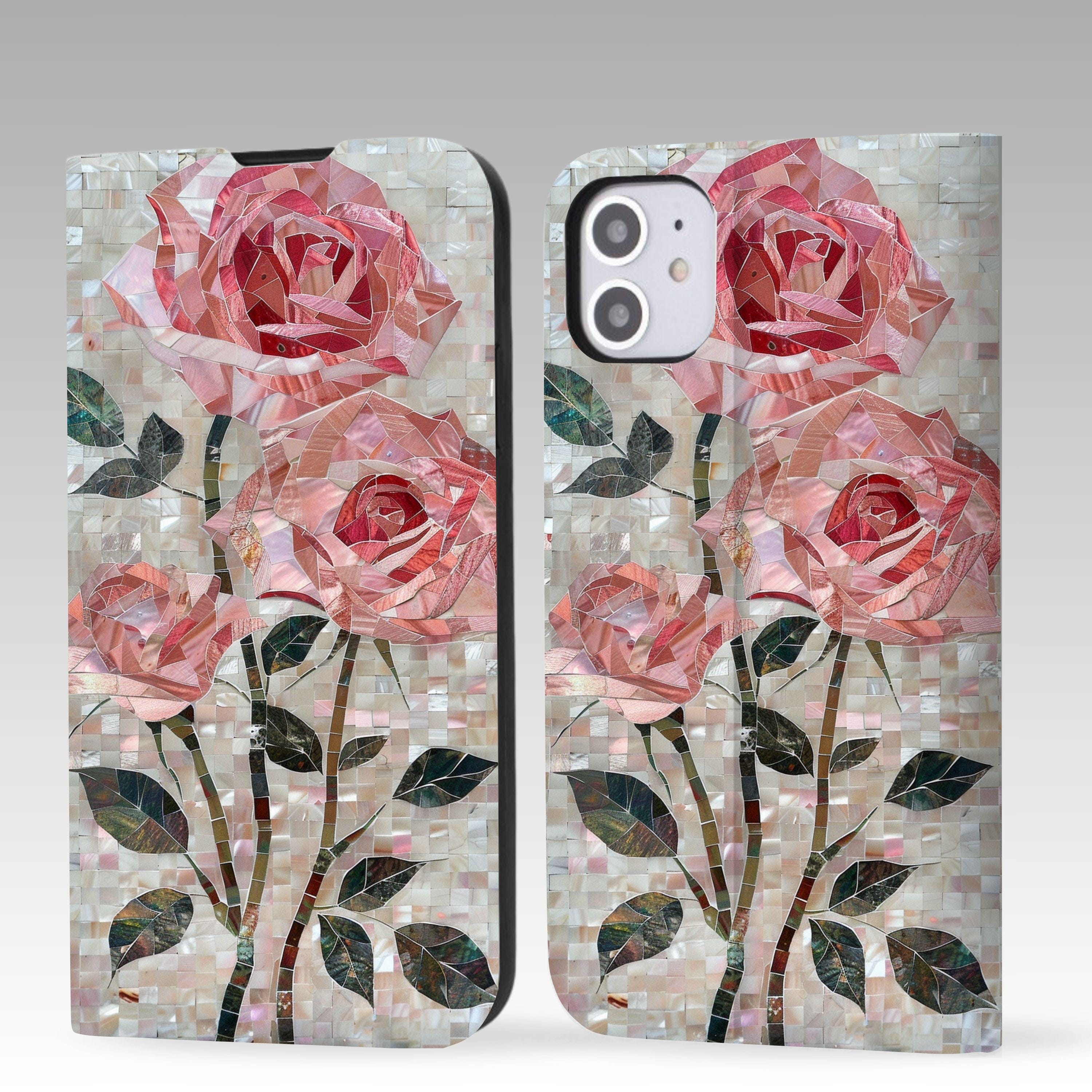 Cute Mosaic Floral Aesthetic Wallet Flip Phone Case for iPhone 16 Pro Max, iPhone 16 15 14 13 12, iPhone Pro Max, iPhone Pro, iPhone Plus
