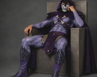 Skeletal Overlord Costume Outfit for Skeletor King Halloween Cosplay | Printed Muscle Jumpsuit | Floor-Length Cape, Mask, Boots