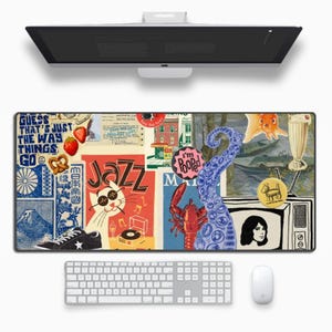 May include: A colorful and eclectic mousepad featuring a variety of images, including a cat, a lobster, an octopus, a fish, and a vintage record player. The mousepad also includes text such as "Guess that's just the way things go" and "Jazz".